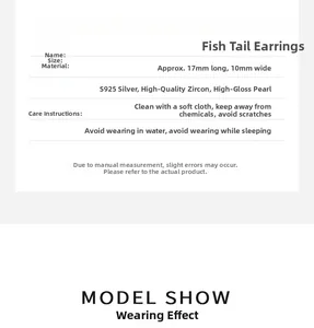Detailed size specifications and material list for zircon fishtail pearl stud earrings