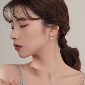 Elegant mermaid tail pearl stud earrings with sparkling zircon for women in silver finish