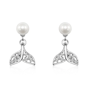 Elegant fishtail pearl earrings with shimmering zircon stones on a white background