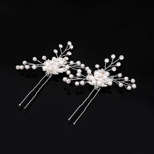 Set of two silver bridal hair pins with white pearls, crystals, and floral wire design