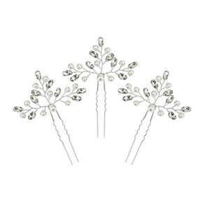 Detail view of silver bridal U-shaped hair pins with white pearls and marquise rhinestones