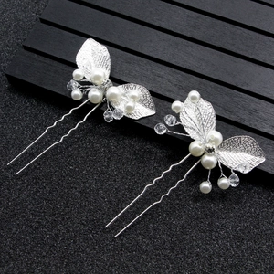 Épingles à cheveux en U baroques argentées avec feuilles, perles et strass pour mariage