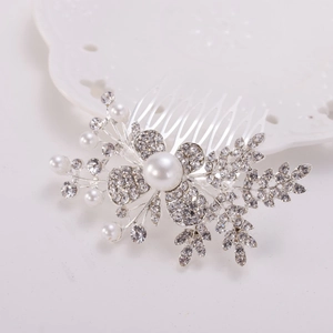 Peigne à cheveux de mariée argenté avec strass en cristal et perles au motif floral