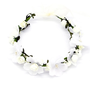 Elegant white floral wreath headpiece with roses and chiffon ribbons for bridal hair