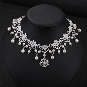 Elegant white lace choker with pearls and crystal pendant for bridal wedding accessories