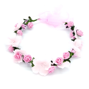 Pink floral wreath headband with fabric roses and silk ribbons for bridal photography