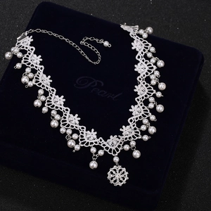 Elegant white lace choker necklace with pearl beads and sparkling floral diamond pendant