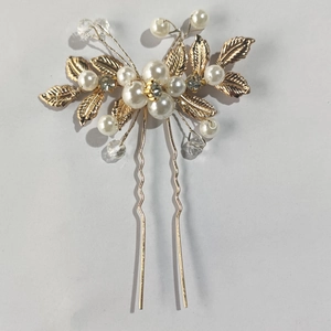 Épingle à cheveux de mariée dorée avec perles, feuilles d'olivier et cristaux