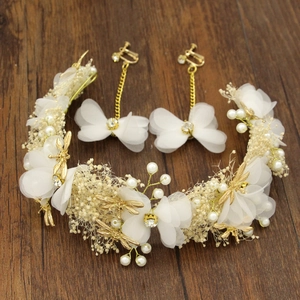 Coiffe de Mariée Fait Main Fleur en Maille Künstliche Perle d'imitation Libellule Dorée Serre-Tête Boucles d'Oreilles Set Rose Champagne Blanc Accessoires Cheveux Mariage
