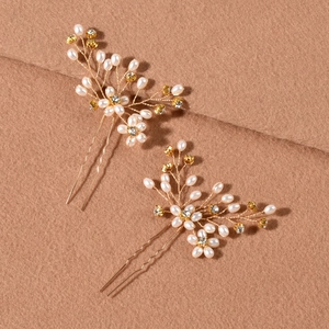 Elegant pair of handmade gold flower bridal hair pins with pearls and crystals
