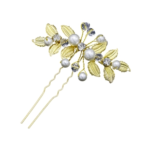 Épingle à cheveux de mariée dorée faite main avec perles et feuilles d'olivier