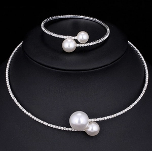Elegant Alloy Rhinestone Artificial Pearl Jewelry Adjustable Necklace And Bracelet For Bride Wedding Party Women Accessories