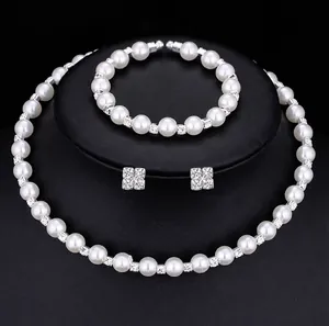 Alloy Faux Artificial Pearl Rhinestone Jewelry Set Choker Necklace Bracelet Stud Earrings For Bridal Wedding Party Women Accessories