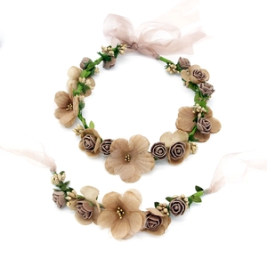 Floral headband and wristband set with brown faux flowers and pink organza ribbons