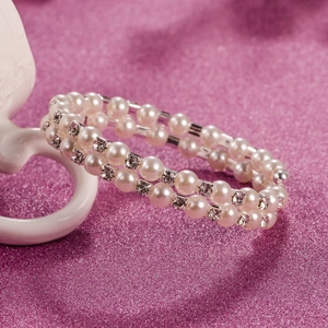 Elegant Faux Artificial Pearl Elastic Cuff Bracelet Sparkling Square Rhinestone Multi Row Wedding Bridal Women Jewelry Accessory