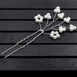Épingle à cheveux de mariée en forme de U argentée avec perles blanches en bouquet