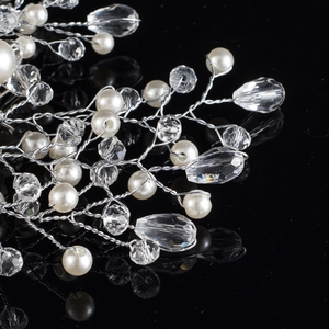Elegant bridal hair comb with pearls and clear crystal beads on silver wire branch