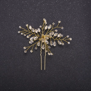 Handmade bridal hair pin with luxury gold wire branches and shimmering crystal flowers