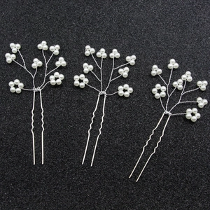 Lot de 3 épingles à cheveux de mariée en forme de U avec perles blanches et fil argenté