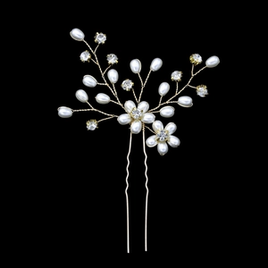 Detailed view of handmade gold wire hair pin with white pearls and sparkling crystal flowers