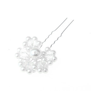 Detail of bridal hair pin with handmade pearl flowers and crystal beads on silver wire