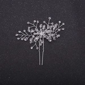 Luxurious bridal hair pin with silver handmade crystal flower beads on U-shaped fork