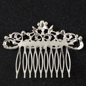 Silver alloy bridal hair comb with rhinestone floral hollow patterns and ten-tooth design