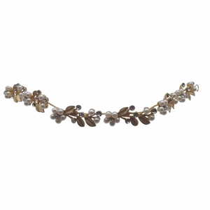 Detail showing bridal gold leaf hairband with artificial pearls and rhinestones