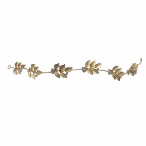 Golden bridal headband with leaf clusters and rhinestones on a white background
