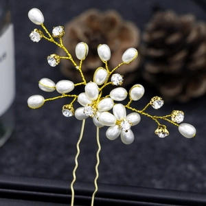 Handmade bridal hair pin with white pearls and crystal flower clusters on gold wire
