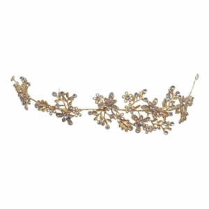 Golden bridal headband with leaf design and sparkling rhinestones for wedding hair styling