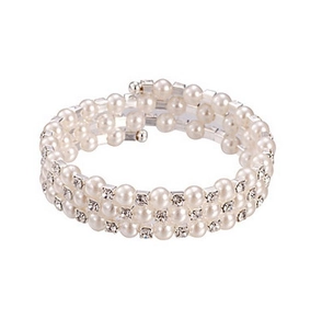 Three-row spiral pearl bracelet with sparkling crystal rhinestones for bridal wedding jewelry