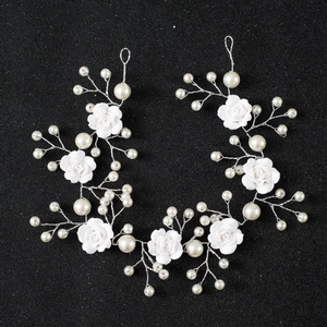 Handmade Bridal Hair Vine White Rose Flower Elegant Wedding Headpiece With Faux Artificial Pearls Silver Alloy Wire Jewelry For Women