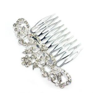 Elegant silver plated bridal hair comb with floral rhinestone accents and ten teeth design