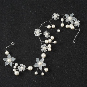 White frosted flower bridal hair vine with pearls on flexible silver wire for wedding hair
