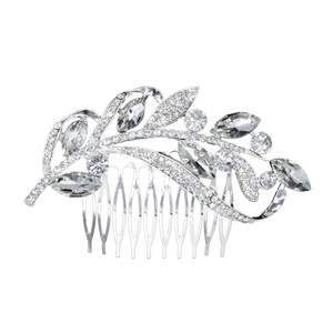 Macro detail of silver bridal hair comb with marquise rhinestones and leaf design