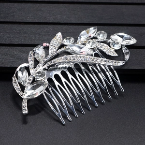 Silver bridal hair comb with marquise rhinestones and leaf motif for wedding styling