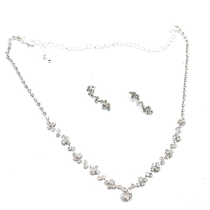 Elegant silver-colored crystal necklace and drop earrings set for bridal wedding jewelry