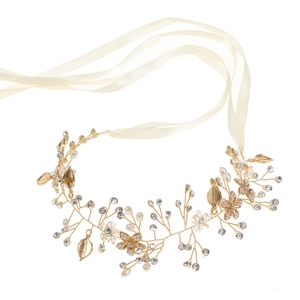 Cerchietto da sposa fatto a mano con foglie dorate, perle bianche e strass