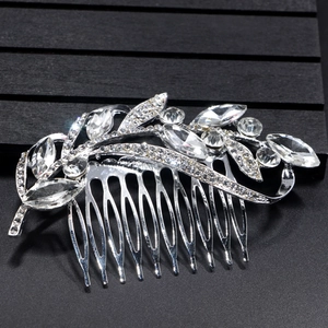 Silver bridal hair comb with marquise rhinestones and elegant leaf design for weddings