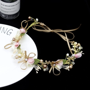 Bandeau Guirlande de Fleurs pour Enfants Fait Main Rose Blanc Tissu Guirlande de Fleurs Avec Nœud Fausse Künstliche Perle Cristal Accessoire de Cheveux pour Filles Mariage Fête Photographie