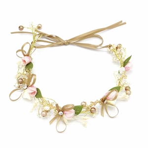 Couronne de fleurs mariée faite main avec fleurs en soie roses et perles champagne