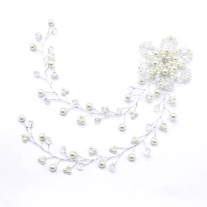 Handmade bridal hair vine with white pearls and crystals on silver wire for weddings