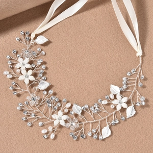 Elegante Vite per Capelli da Sposa Fatta a Mano in Lega Strass Künstliche Perle Fiori Bianchi Foglie Oro Cerchietto per Matrimonio