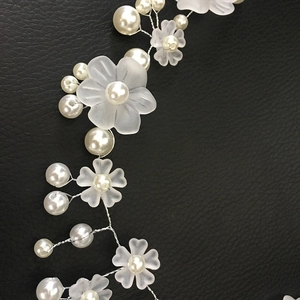 White bridal hair accessory with frosted resin flowers and pearls on silver wire headband