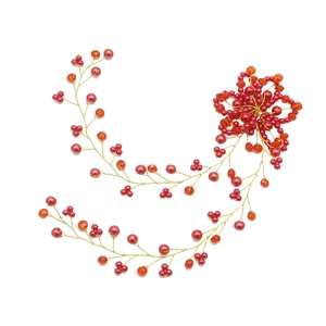Handmade Bridal Flower Faux Artificial Pearl Rhinestone Crystal Hair Vine Wedding Party Headpiece Long Hair Accessories For Women Red