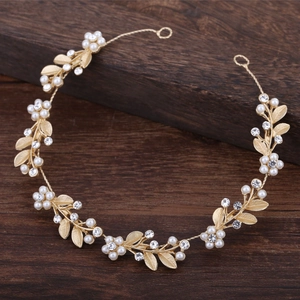 Bridal Artificial Pearl Flower Gold Alloy Hair Vine Rhinestone Leaf Headband Elegant Wedding Hair Accessories For Women Banquet Party
