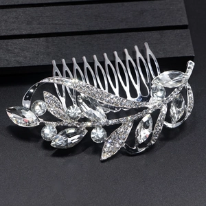 Silver bridal hair comb with marquise rhinestones and elegant leaf motif for weddings