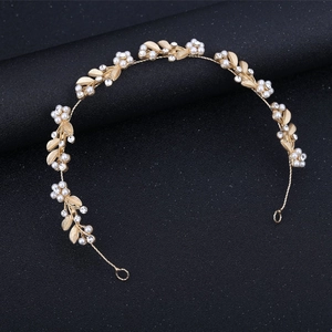 Elegant gold bridal soft chain headband with pearls and rhinestones floral design