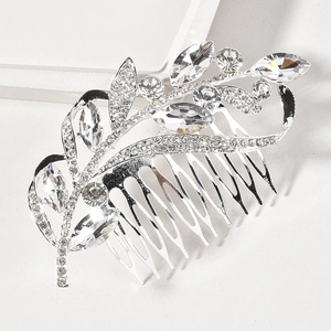 Silver Alloy Marquise Rhinestone Leaf Bridal Hair Comb For Women Wedding Elegant Floral Headpiece Accessory For Bride